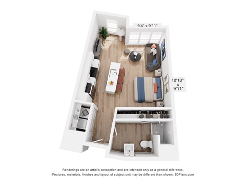 Floor plan for studio, 1 bath, 689 sqft